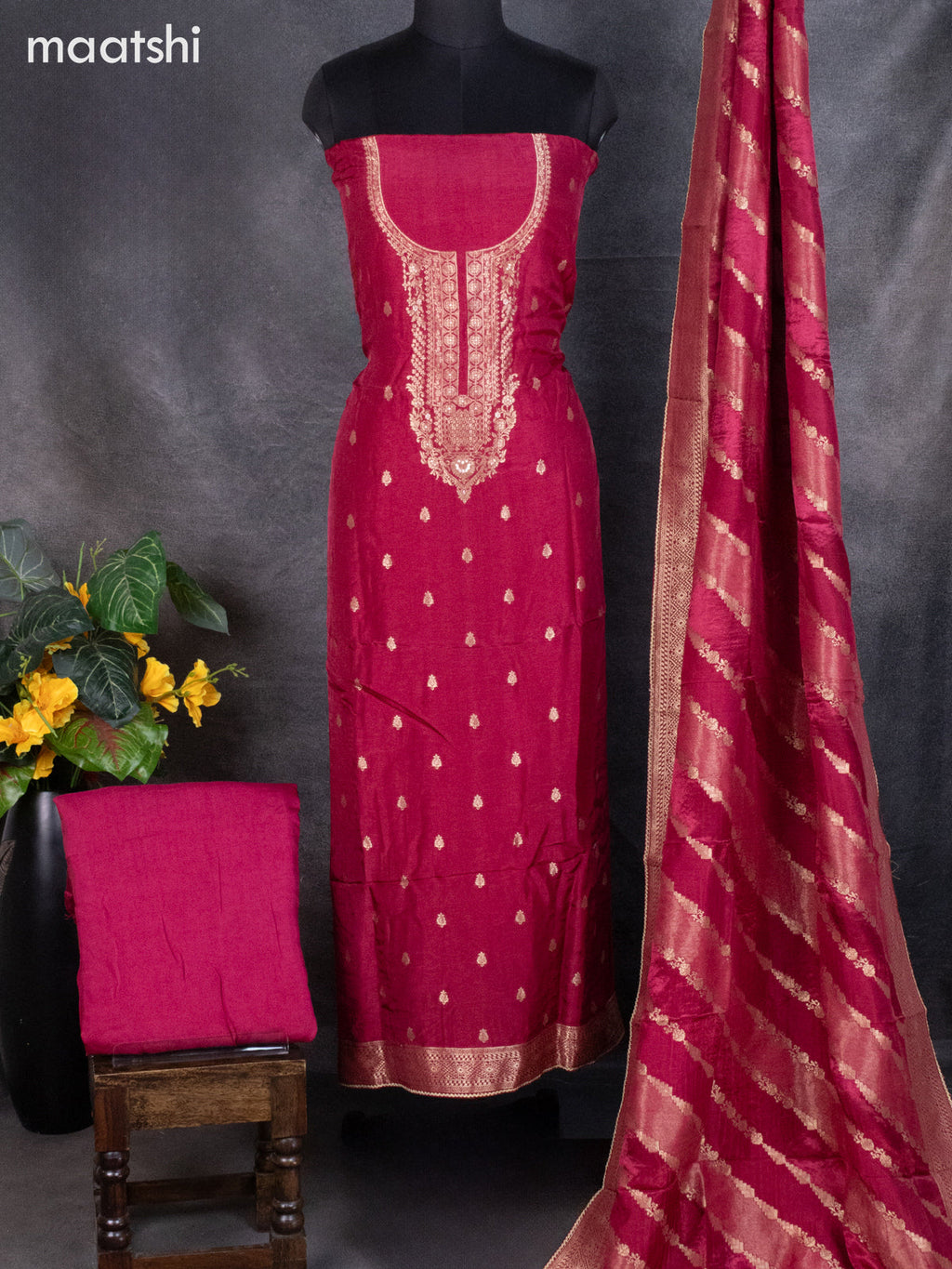 Banarasi silk dress material maroon shade with zari woven buttas and bottom & banarasi style dupatta