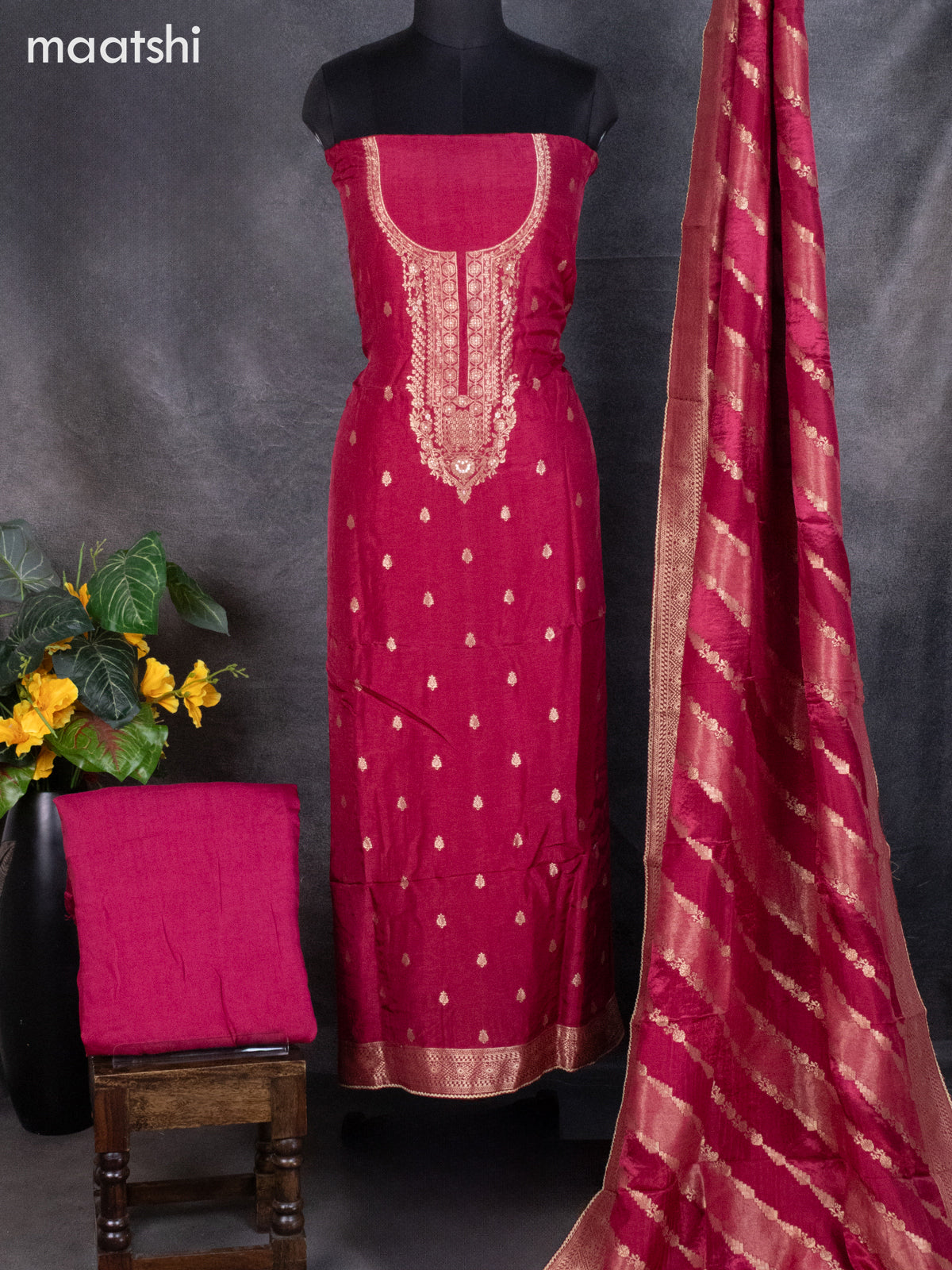 Banarasi silk dress material maroon shade with zari woven buttas and bottom & banarasi style dupatta