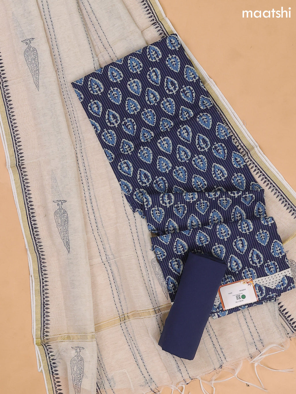 Navy Blue and Off White Cotton Dress Material With Allover Thread Woven & Buttas Prints