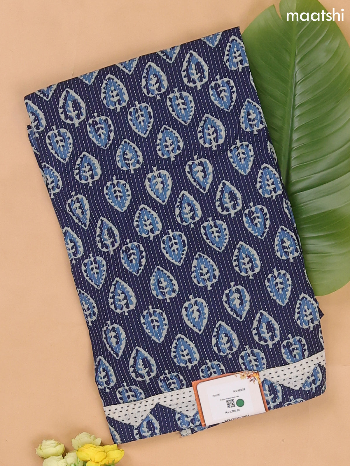 Navy Blue and Off White Cotton Dress Material With Allover Thread Woven & Buttas Prints