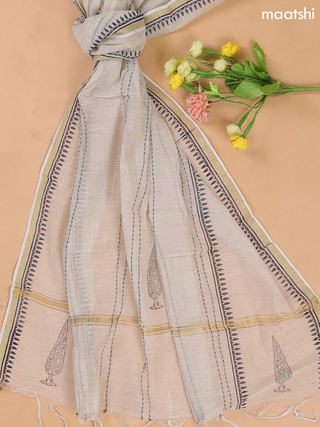 Navy Blue and Off White Cotton Dress Material With Allover Thread Woven & Buttas Prints