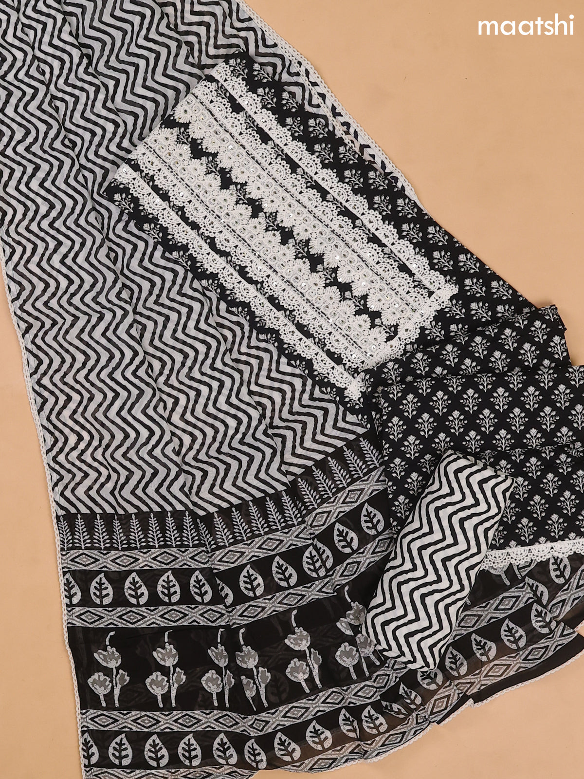 Black and Off White Cotton Dress Material With Buttas Prints & Lace Work Neck Pattern