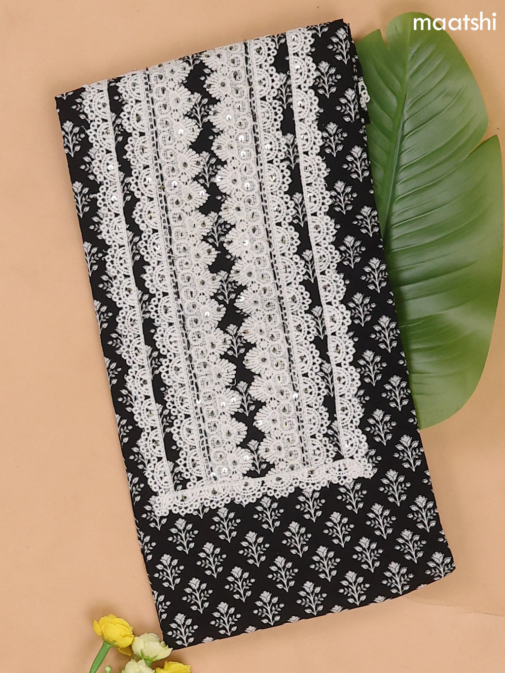 Black and Off White Cotton Dress Material With Buttas Prints & Lace Work Neck Pattern