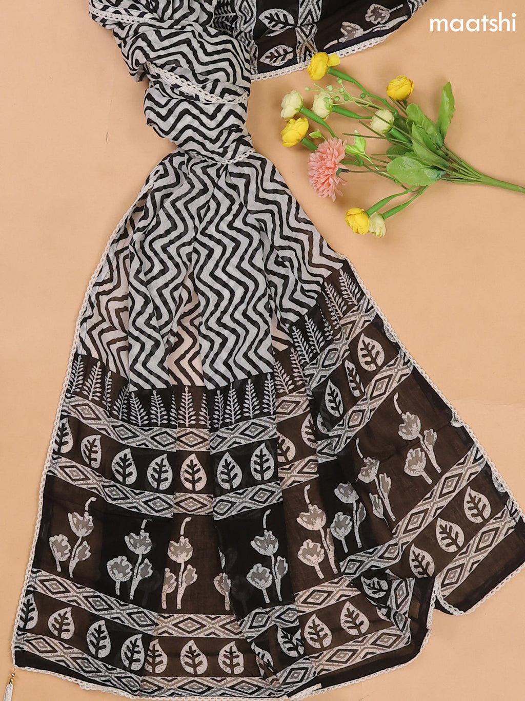 Black and Off White Cotton Dress Material With Buttas Prints & Lace Work Neck Pattern