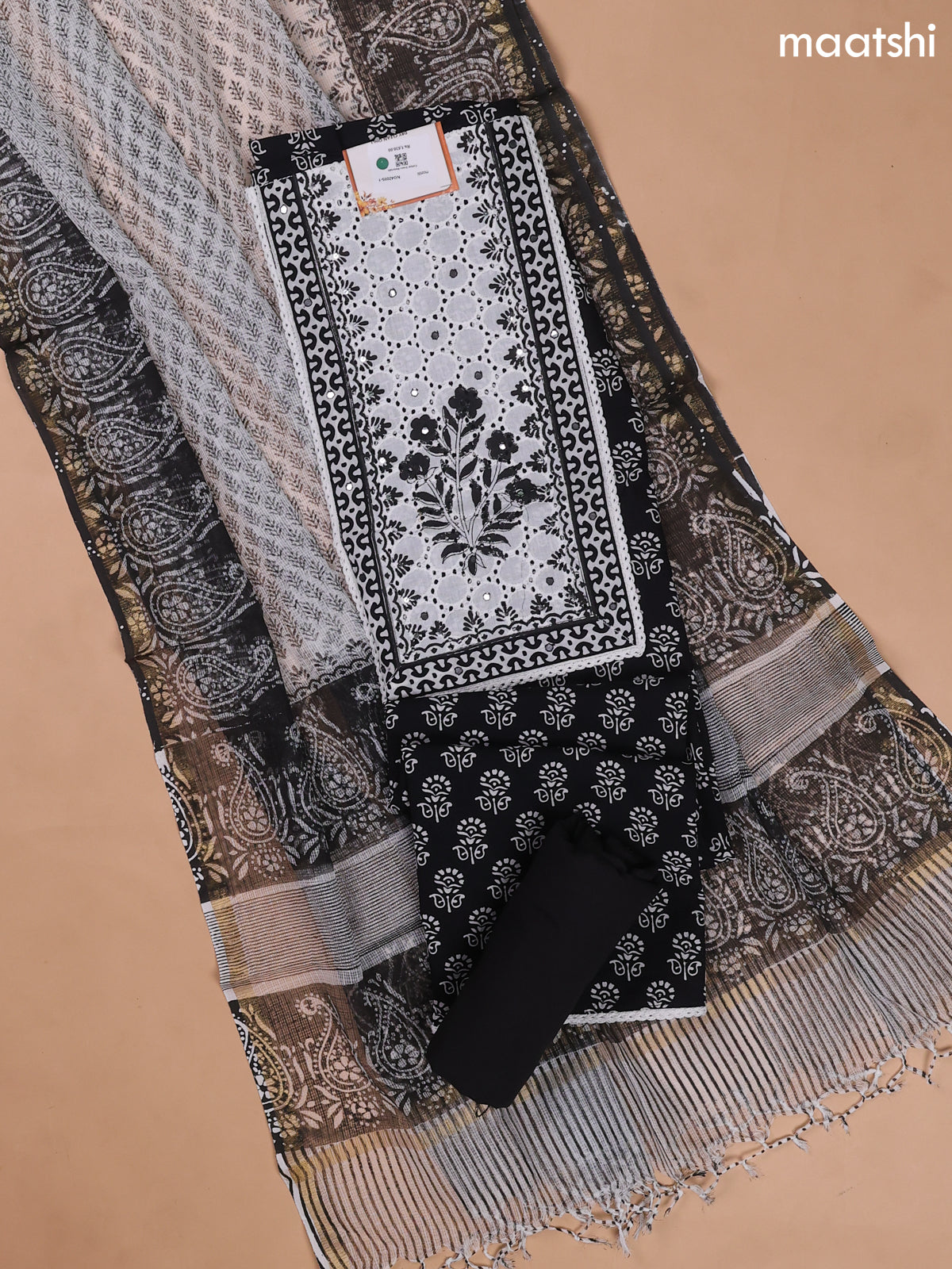 Black and Off White Cotton Dress Materials With Patch Work Neck Pattern