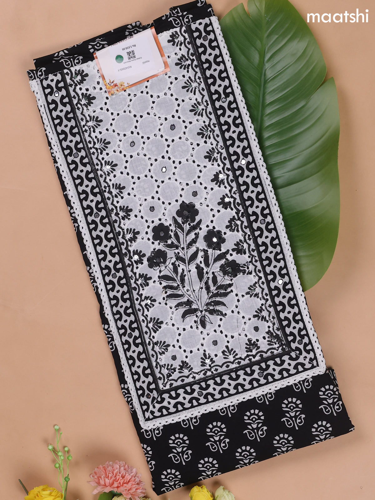 Black and Off White Cotton Dress Materials With Patch Work Neck Pattern