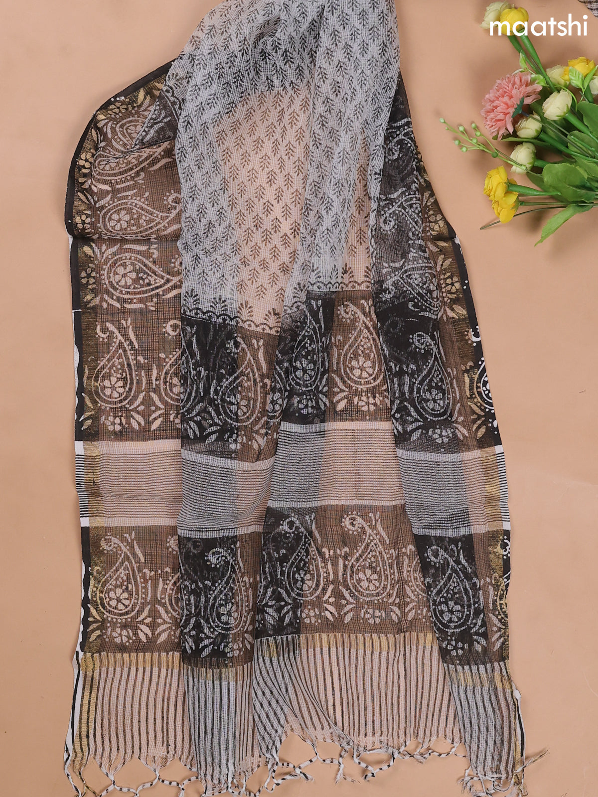Black and Off White Cotton Dress Materials With Patch Work Neck Pattern