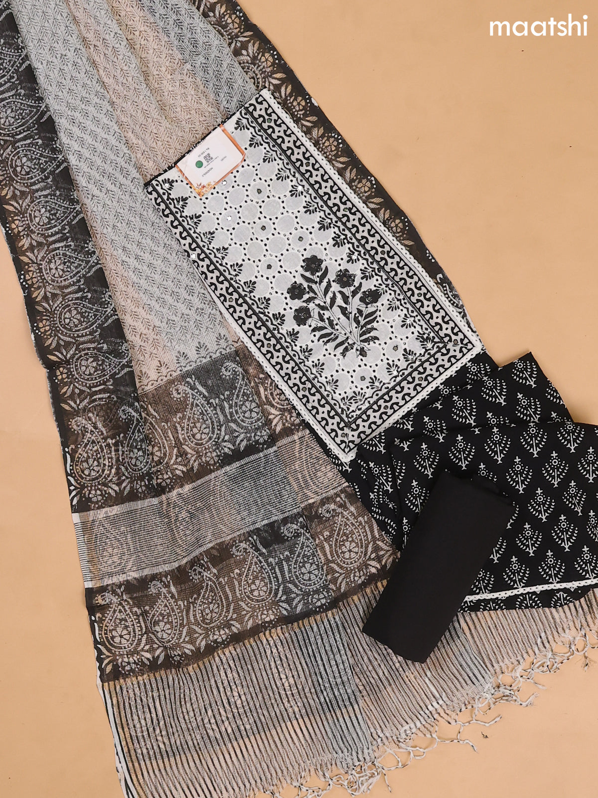 Black and Off White Cotton Dress Materials With Patch Work Neck Pattern