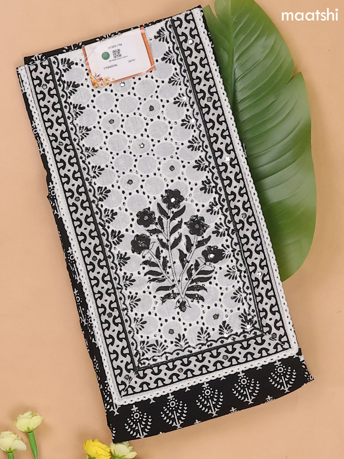 Black and Off White Cotton Dress Materials With Patch Work Neck Pattern
