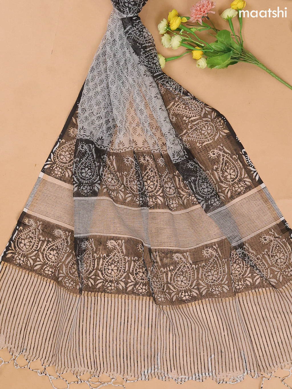 Black and Off White Cotton Dress Materials With Patch Work Neck Pattern
