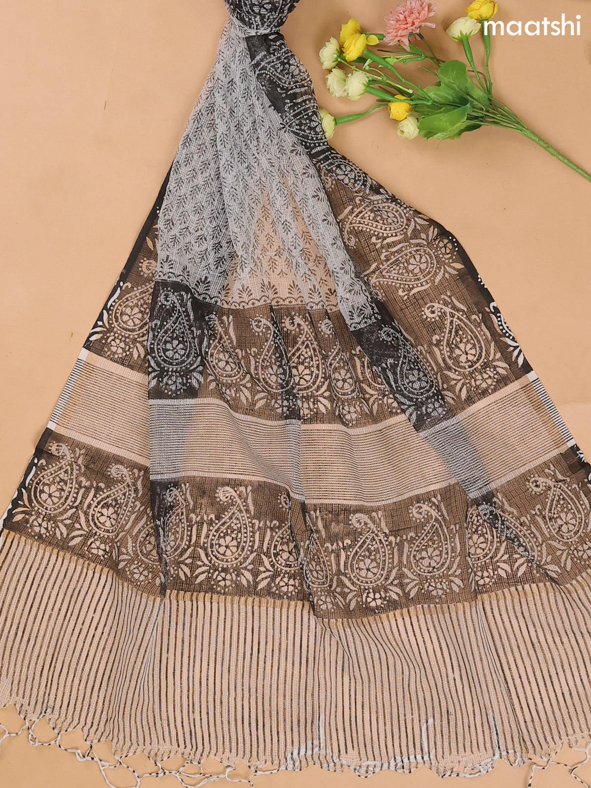Black and Off White Cotton Dress Materials With Patch Work Neck Pattern