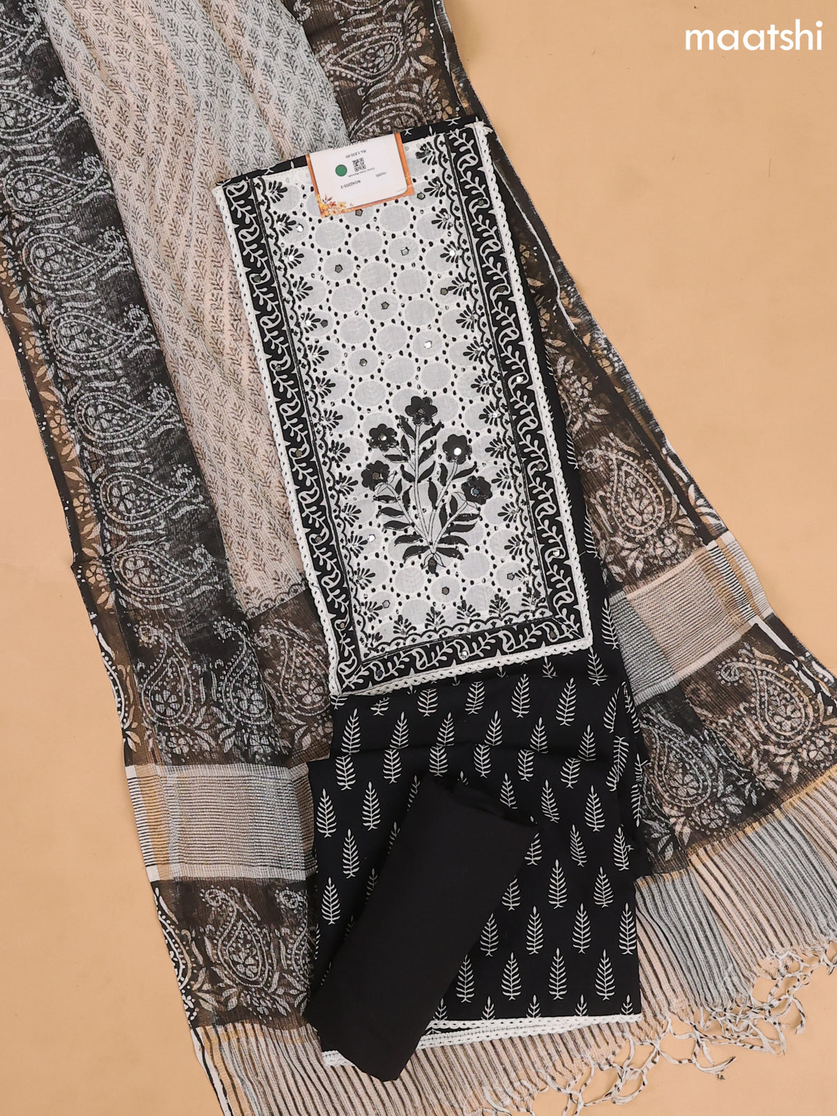 Black and Off White Cotton Dress Materials With Patch Work Neck Pattern