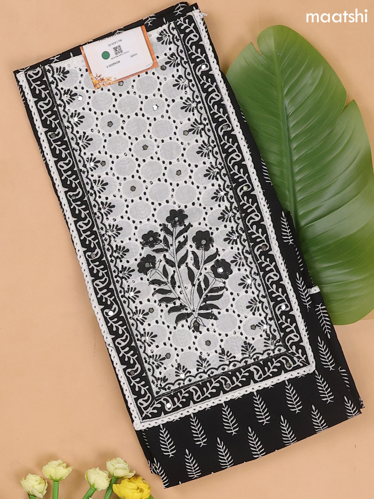 Black and Off White Cotton Dress Materials With Patch Work Neck Pattern