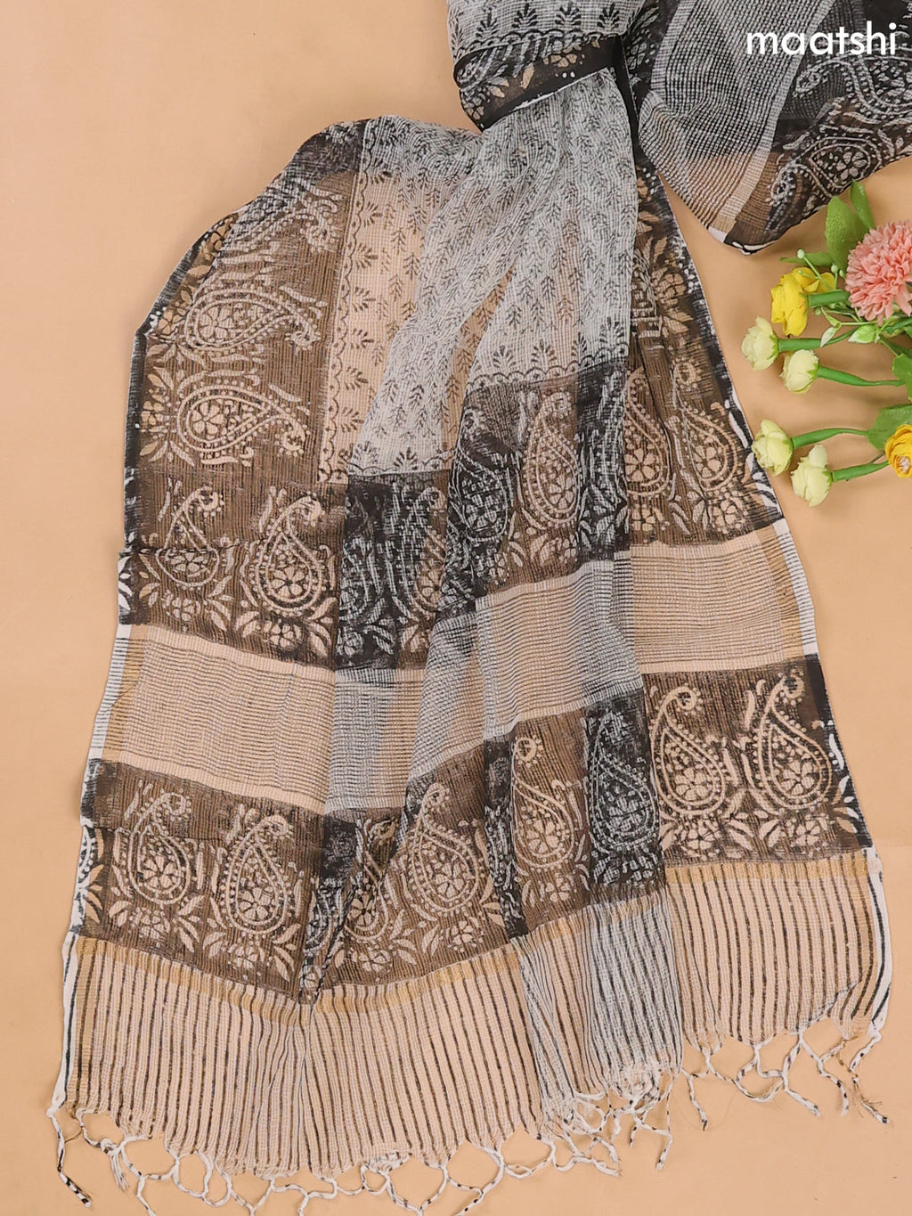 Black and Off White Cotton Dress Materials With Patch Work Neck Pattern