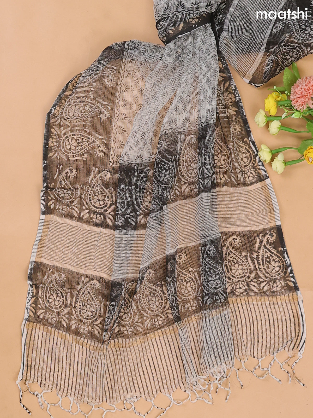 Black and Off White Cotton Dress Materials With Patch Work Neck Pattern