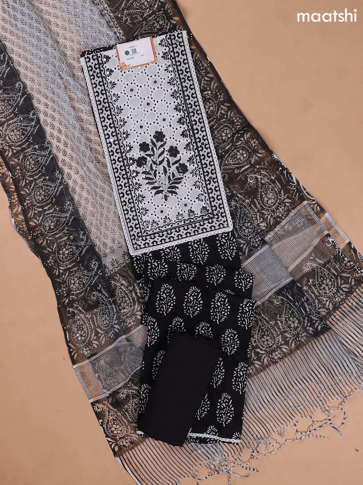 Black and Off White Cotton Dress Materials With Patch Work Neck Pattern