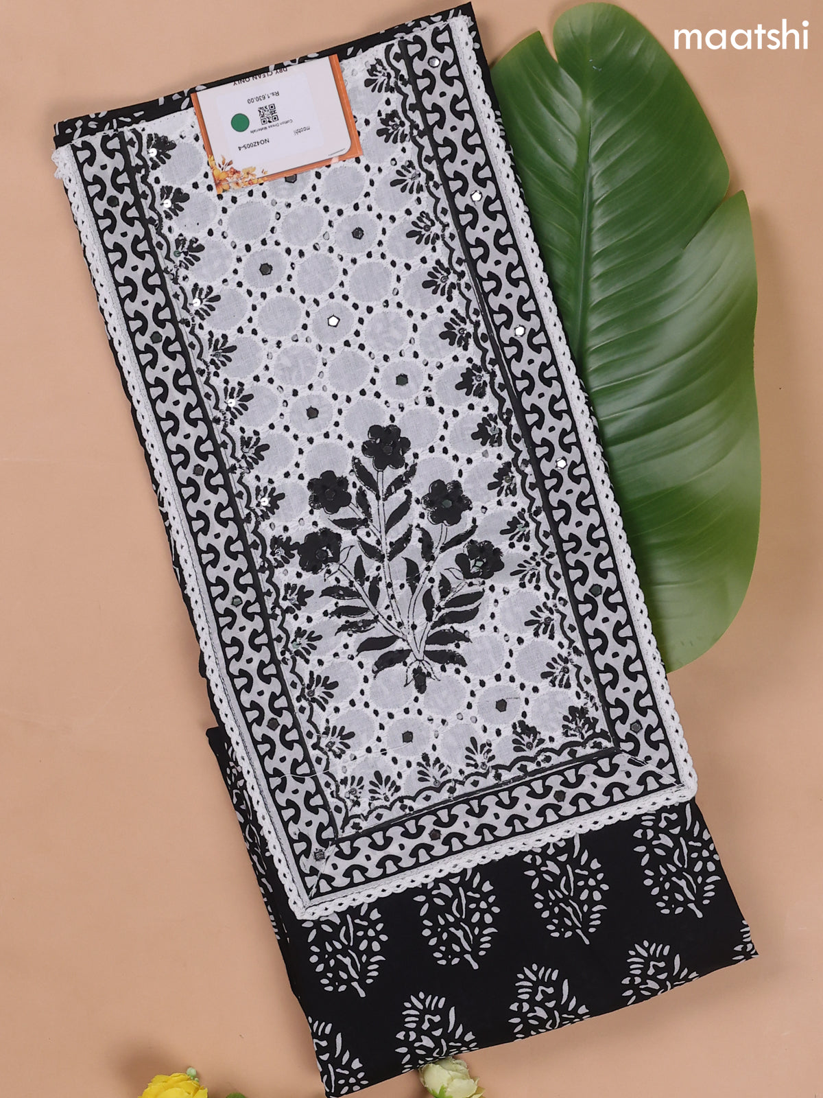 Black and Off White Cotton Dress Materials With Patch Work Neck Pattern