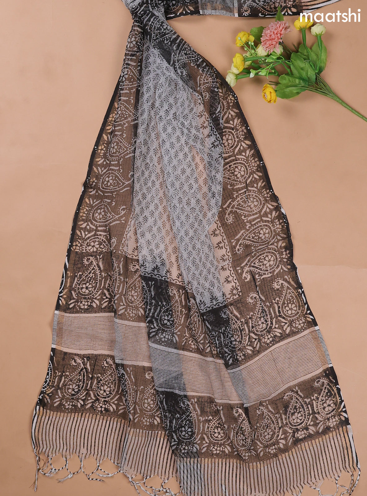 Black and Off White Cotton Dress Materials With Patch Work Neck Pattern