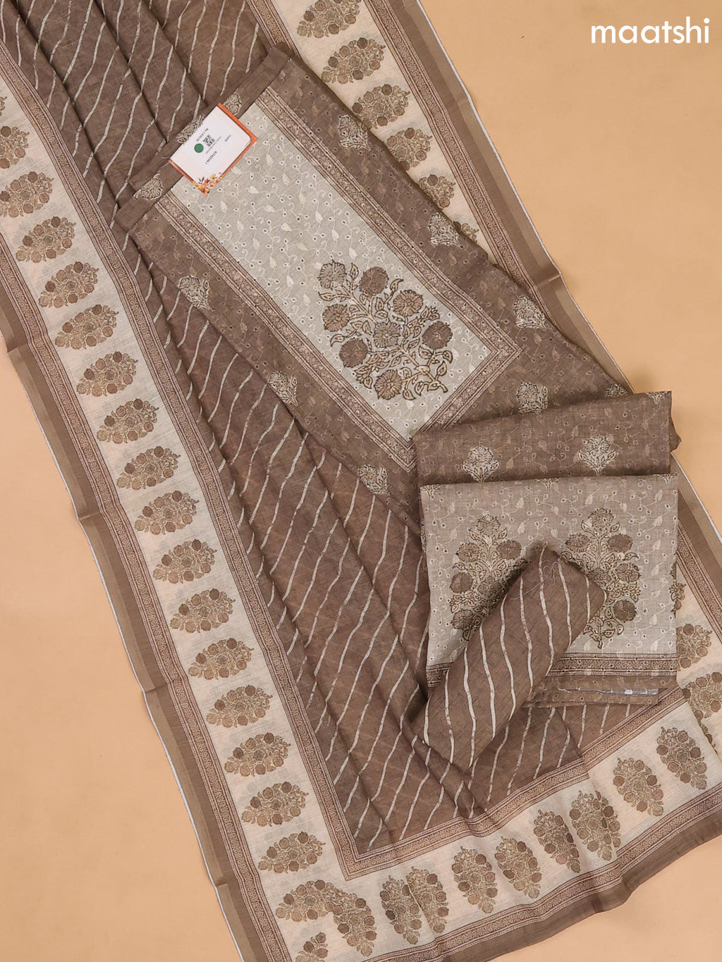 Mehndi Green and Beige Cotton Dress Materials With Floral Butta Prints