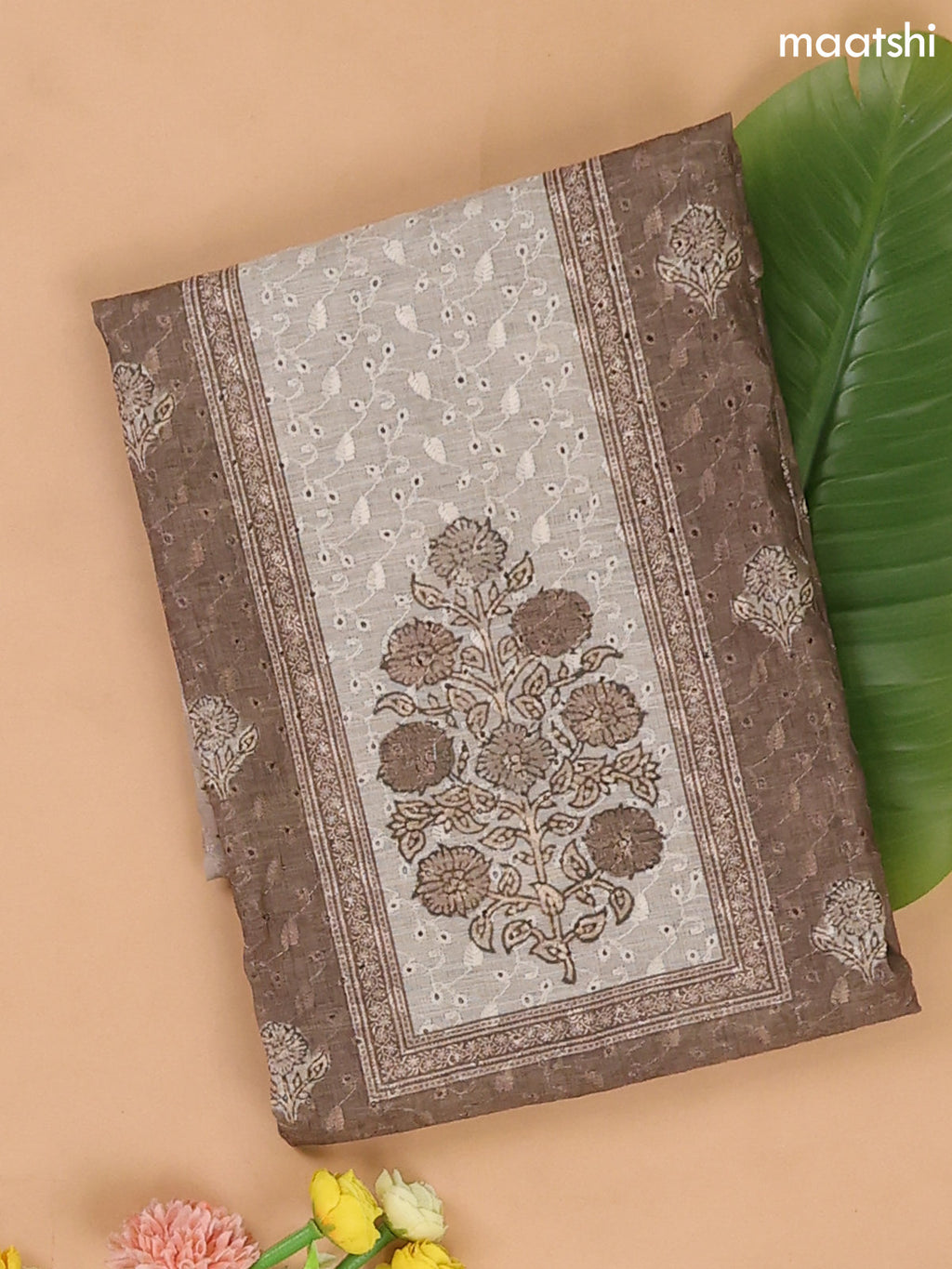 Mehndi Green and Beige Cotton Dress Materials With Floral Butta Prints