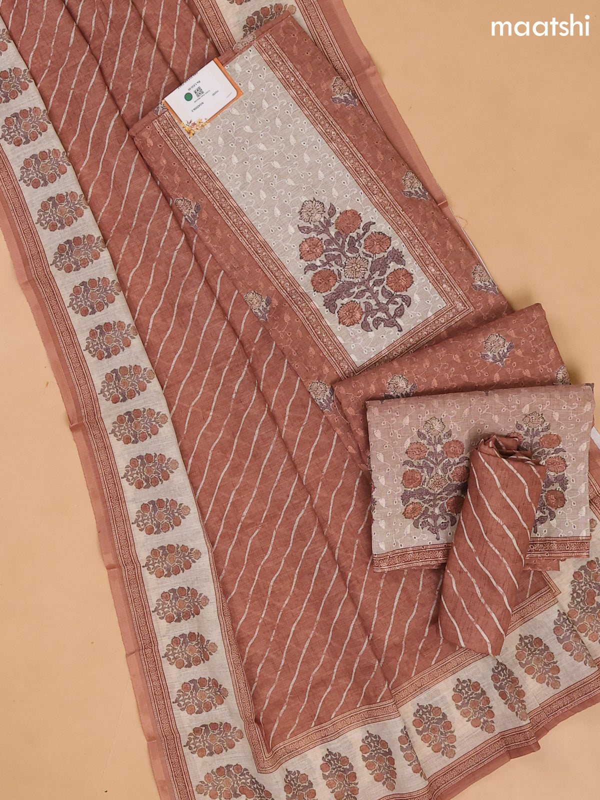 Brown and Beige Cotton Dress Materials With Patch Work Neck Pattern