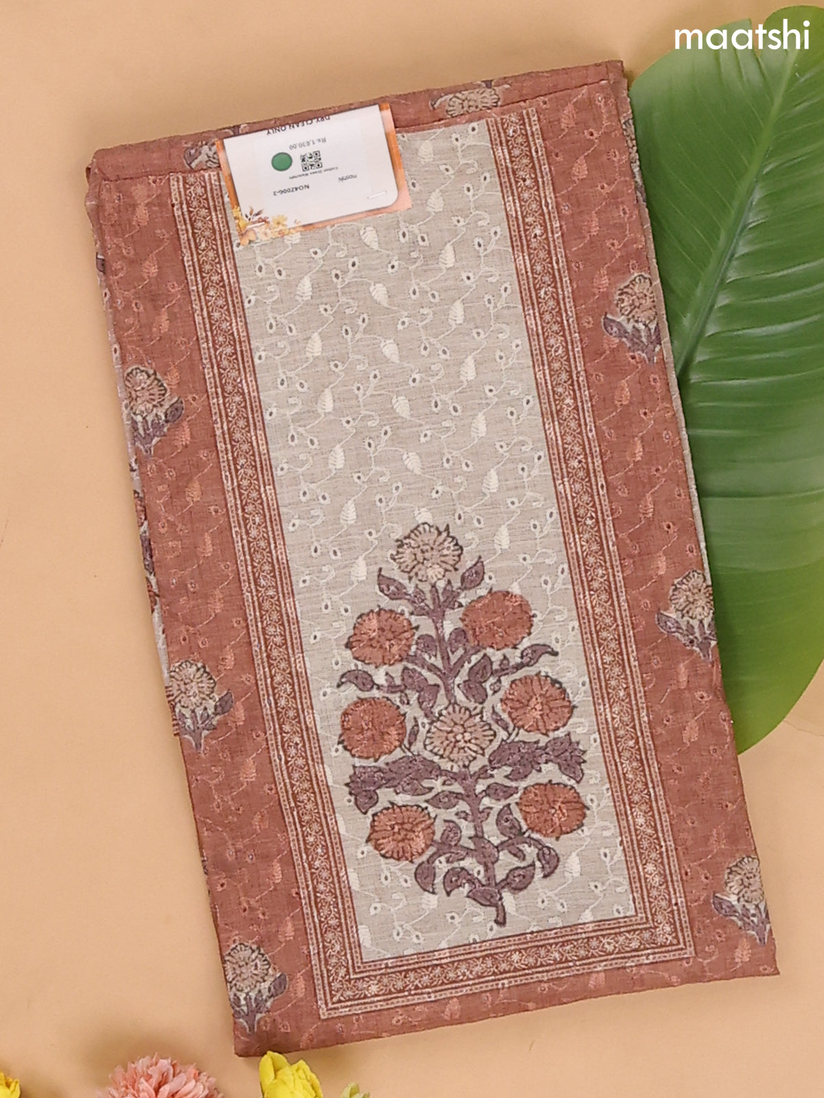 Brown and Beige Cotton Dress Materials With Patch Work Neck Pattern