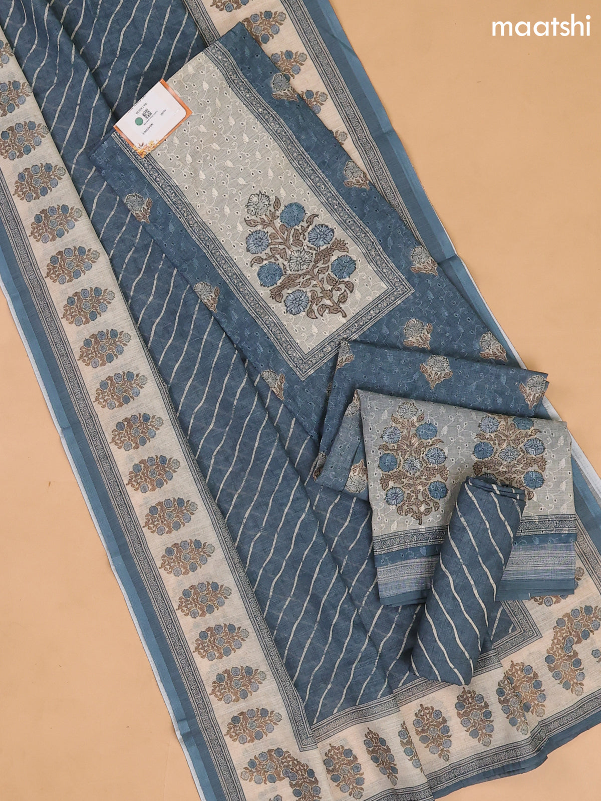 Peacock Blue and Beige Cotton Dress Materials With Patch Work Neck Pattern