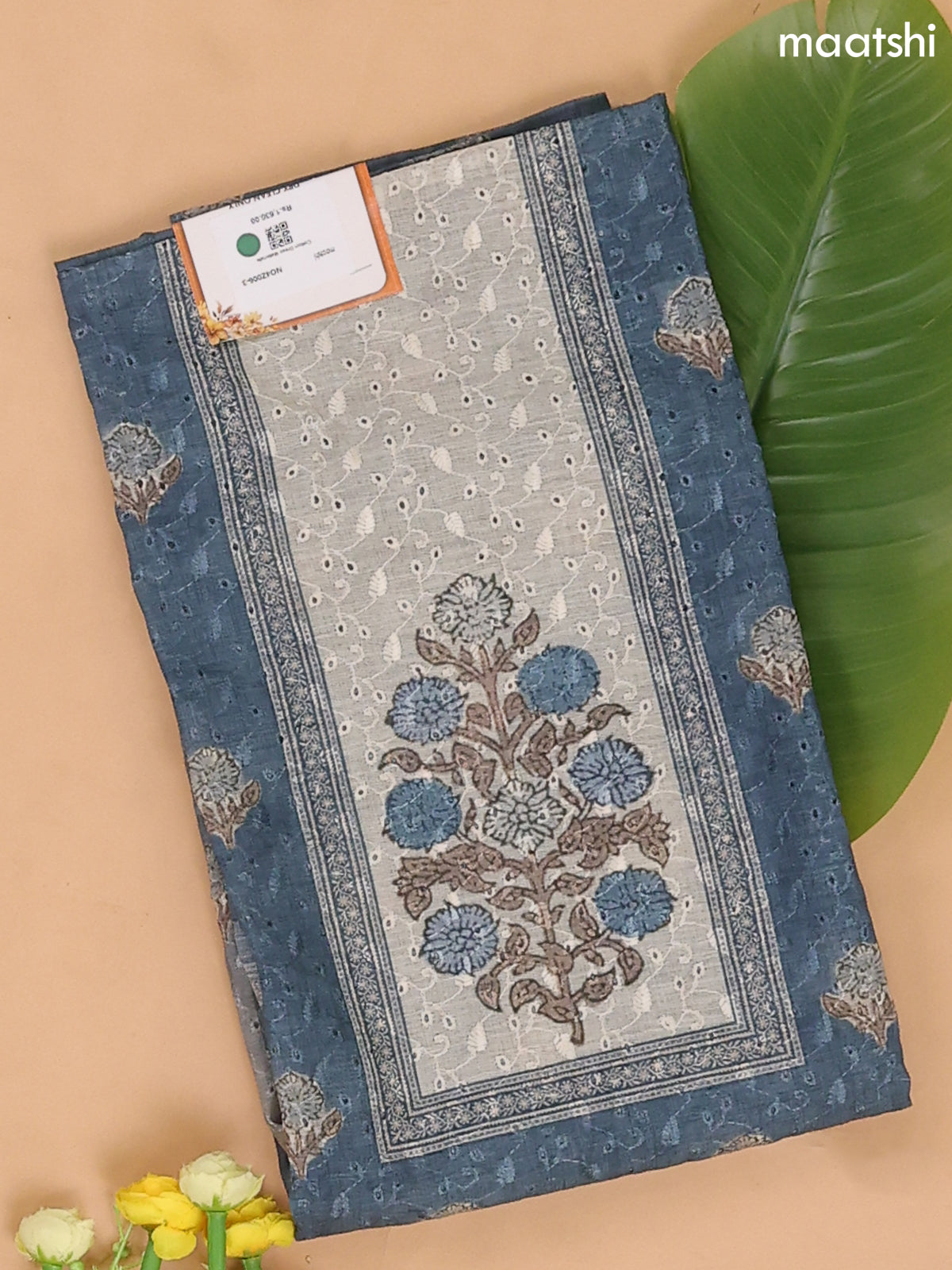 Peacock Blue and Beige Cotton Dress Materials With Patch Work Neck Pattern