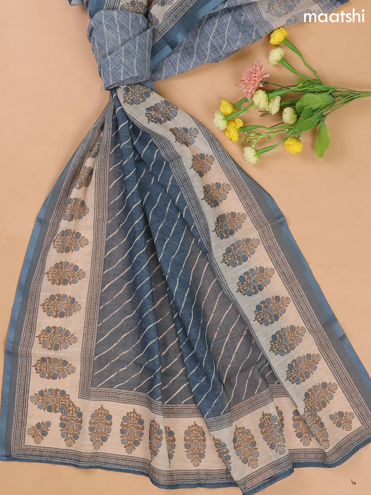 Peacock Blue and Beige Cotton Dress Materials With Patch Work Neck Pattern