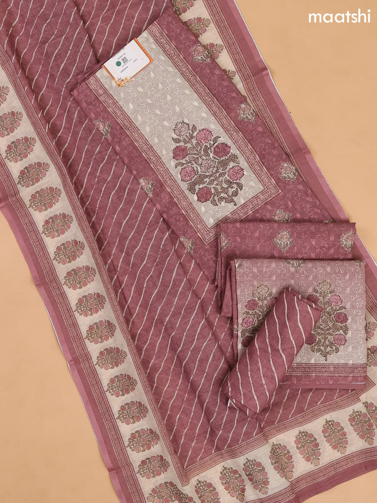 Pastel Maroon and Beige Cotton Dress Materials With Patch Work Neck Pattern