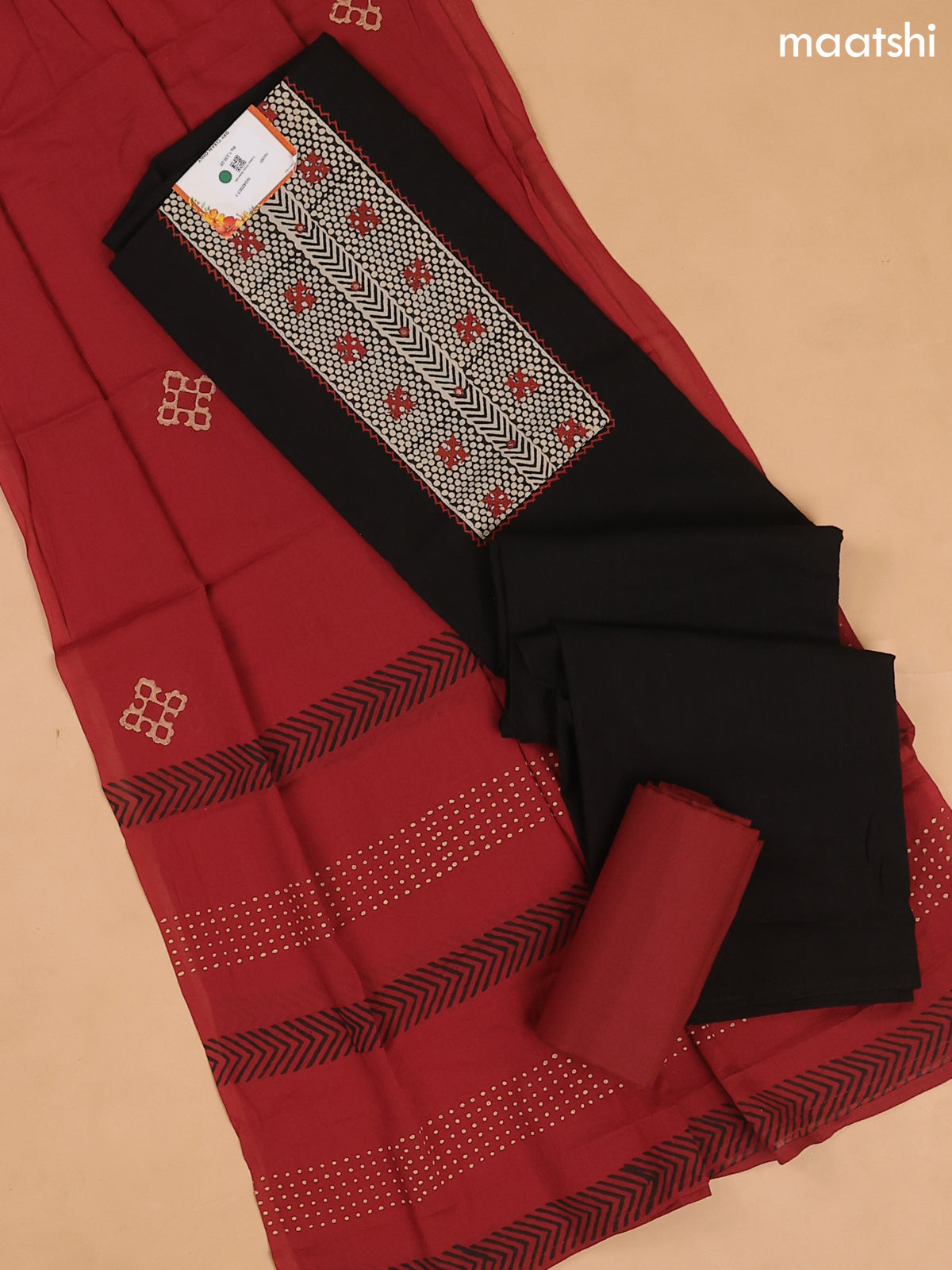Balck and Dark Rust Cotton Dress Materials With Patch Work Neck Pattern