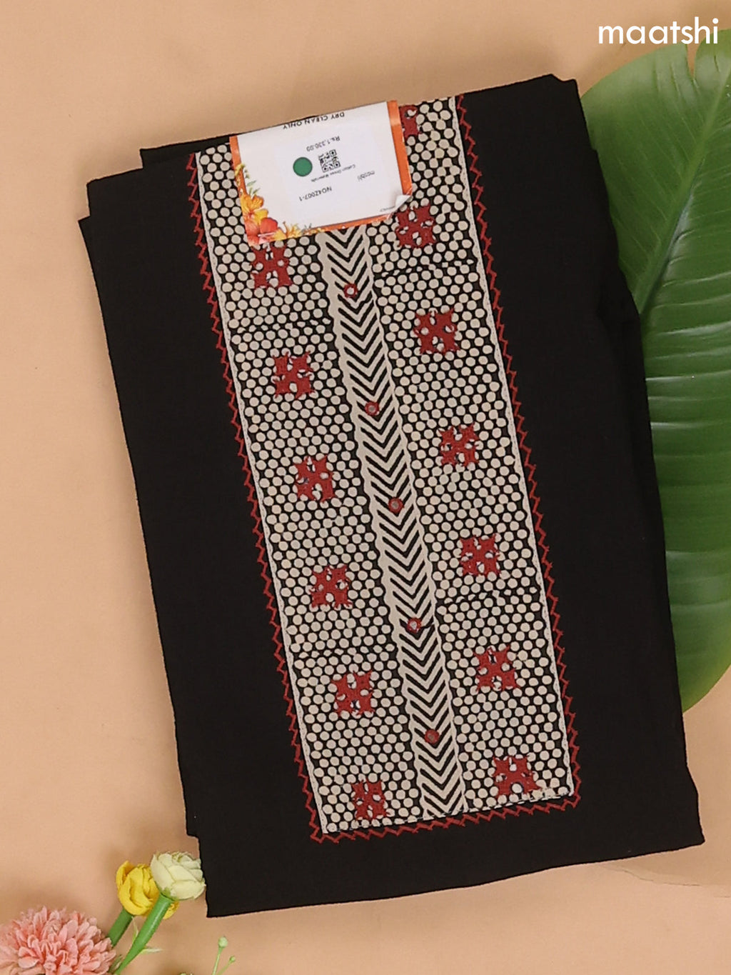 Balck and Dark Rust Cotton Dress Materials With Patch Work Neck Pattern