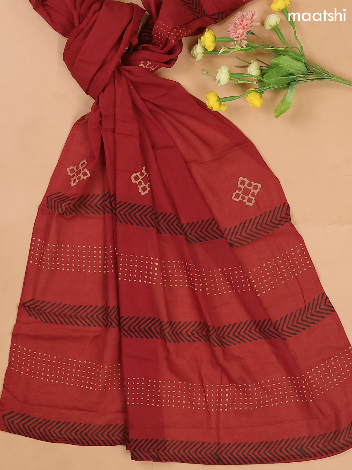 Balck and Dark Rust Cotton Dress Materials With Patch Work Neck Pattern
