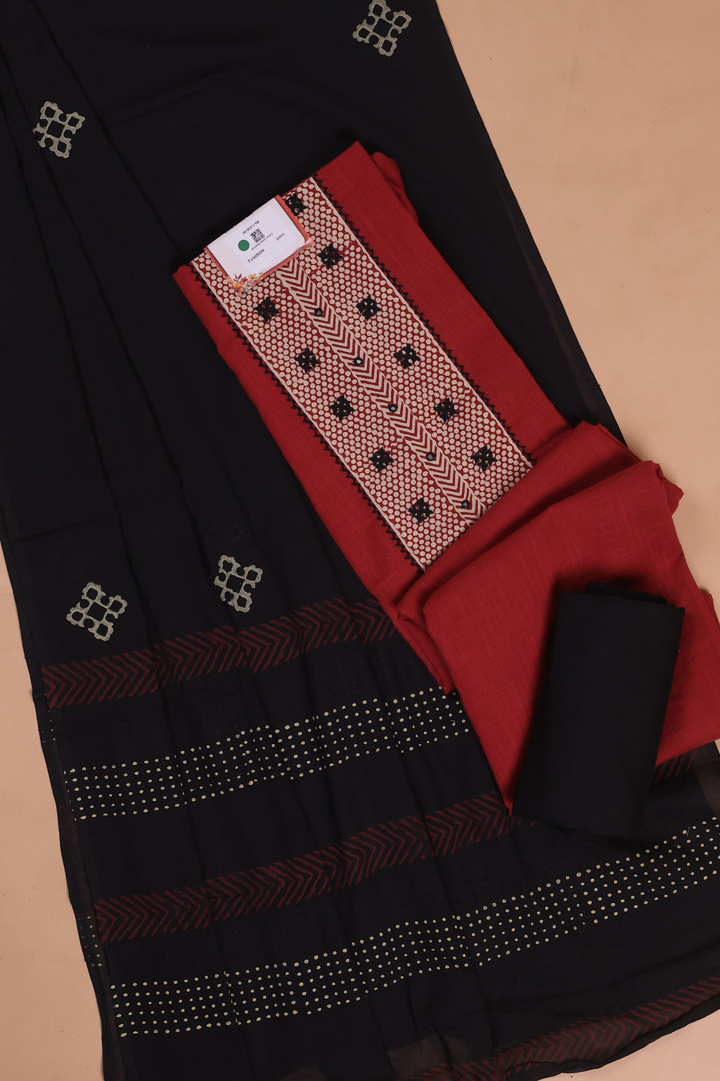 Dark Rust and Balck Cotton Dress Materials With Patch Work Neck Pattern
