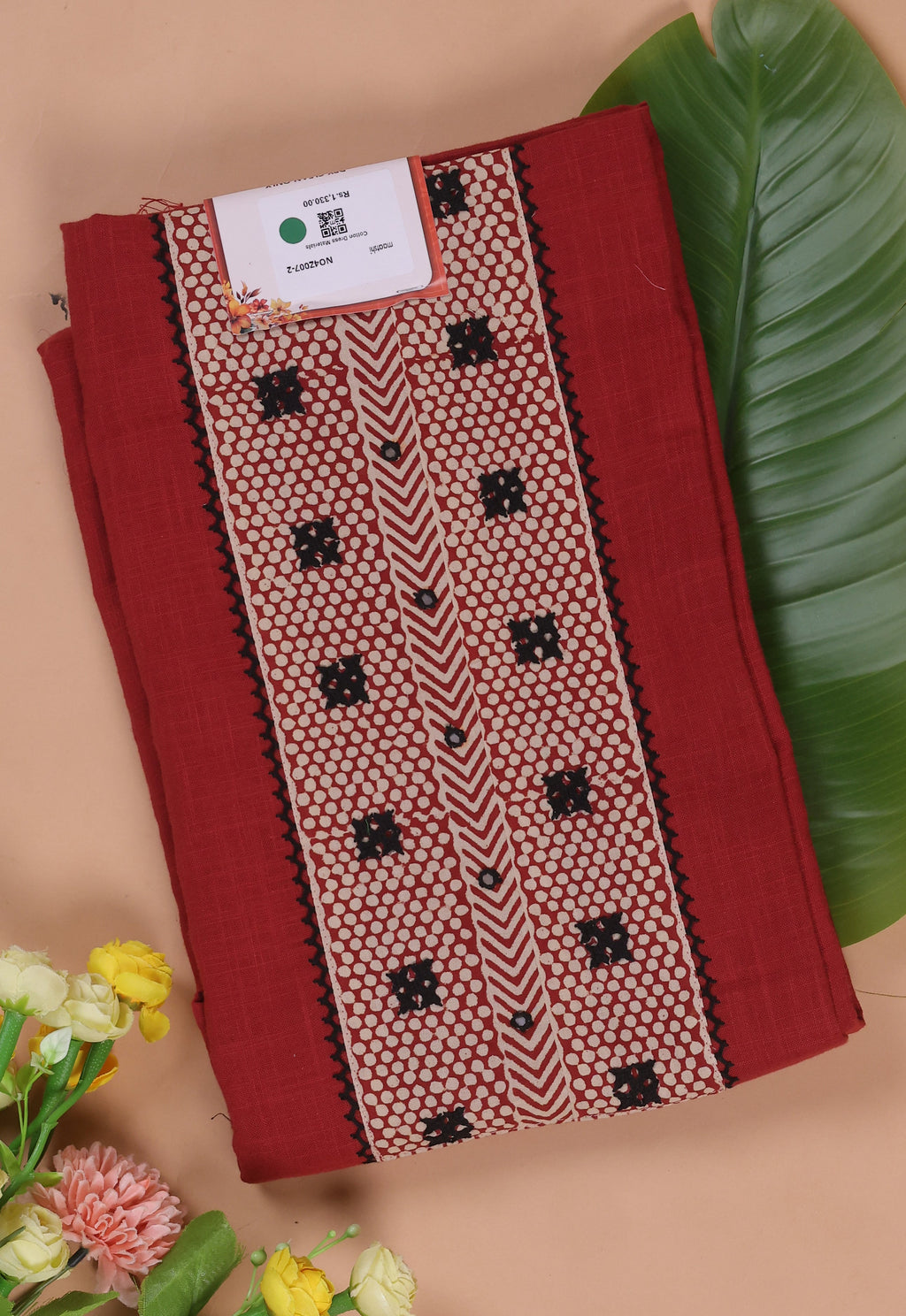 Dark Rust and Balck Cotton Dress Materials With Patch Work Neck Pattern