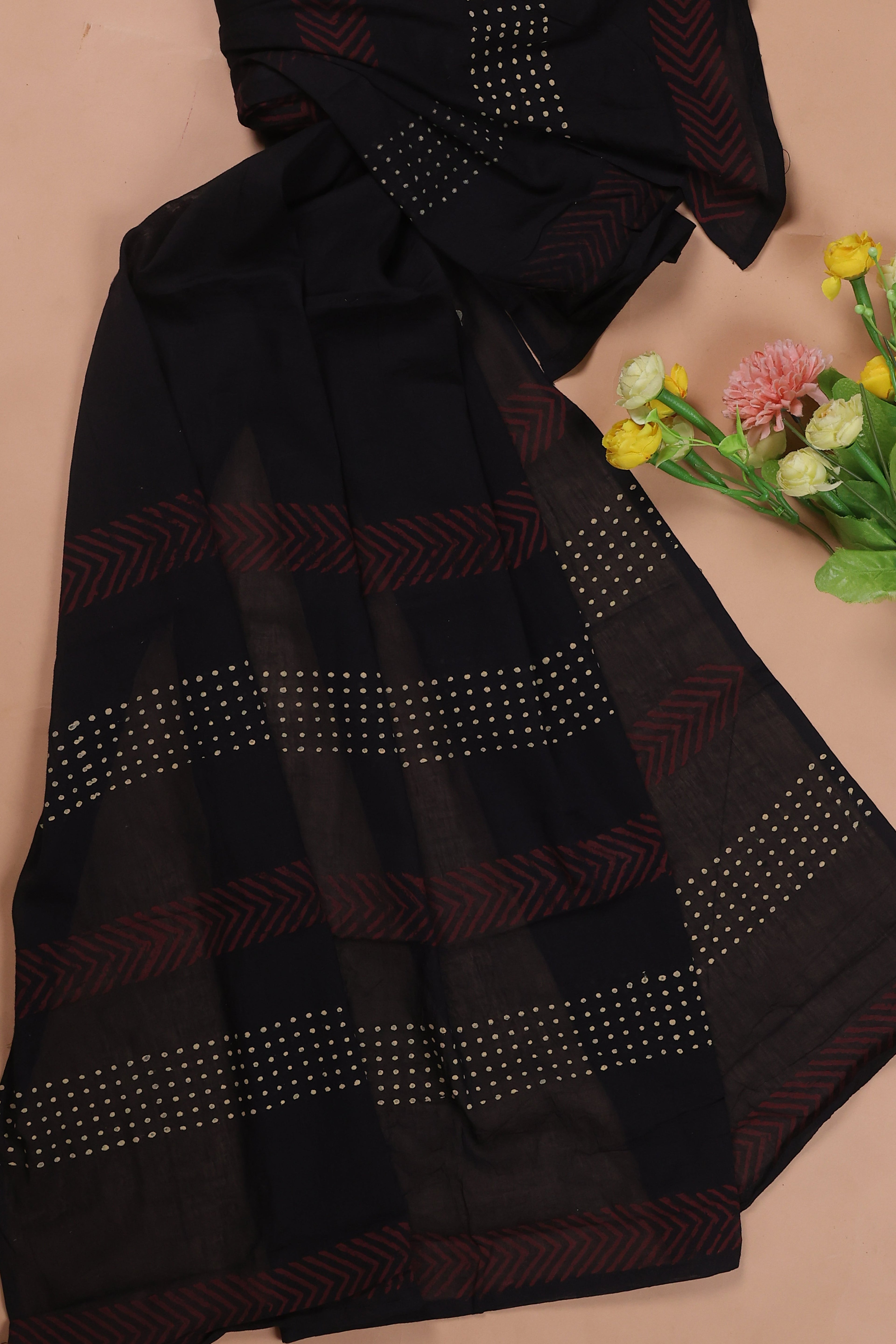 Dark Rust and Balck Cotton Dress Materials With Patch Work Neck Pattern