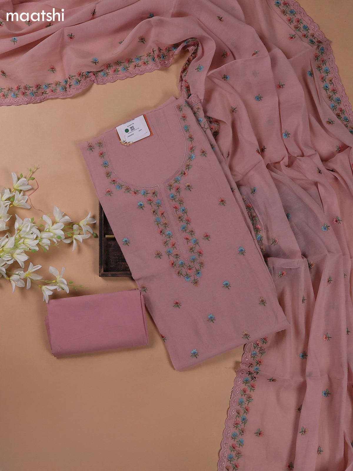 Peach Mul Chanderi Dress Materials With Floral Embroidery Work