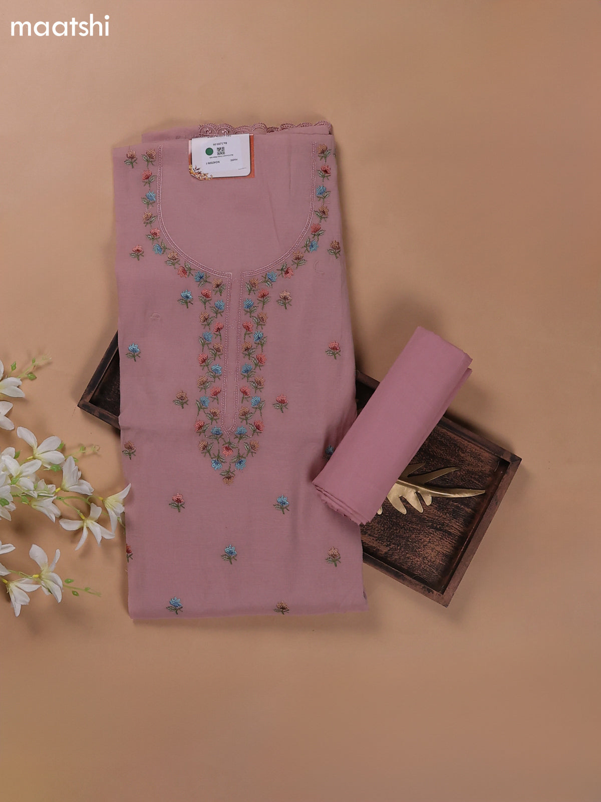 Peach Mul Chanderi Dress Materials With Floral Embroidery Work