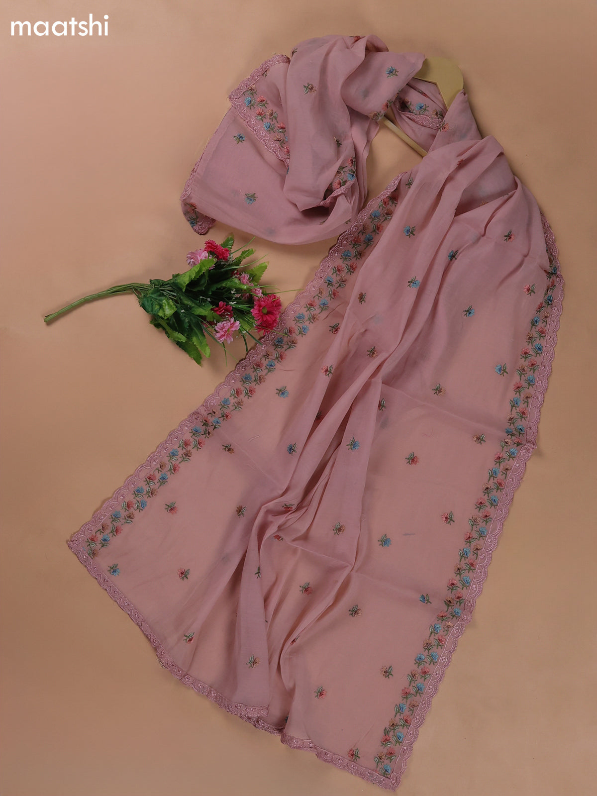 Peach Mul Chanderi Dress Materials With Floral Embroidery Work