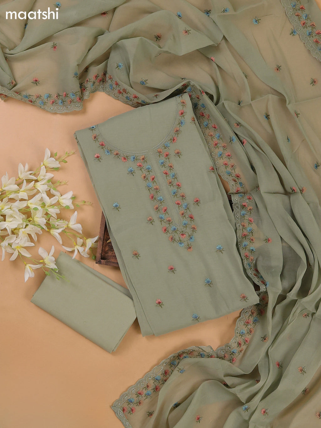 Pastel Green Mul Chanderi Dress Materials With Floral Embroidery Work