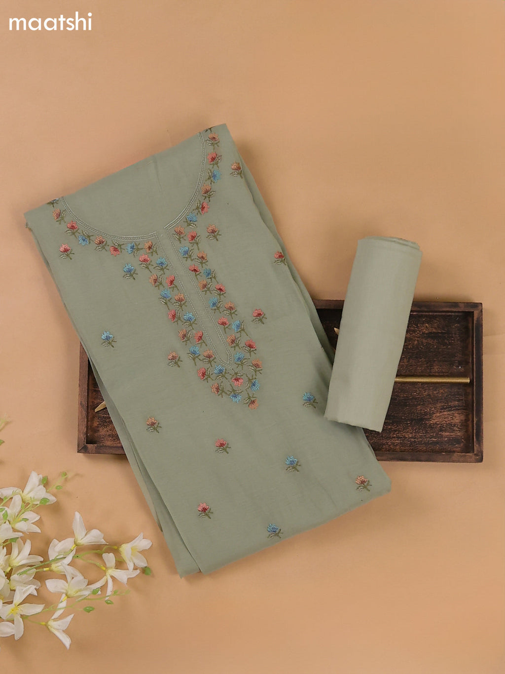 Pastel Green Mul Chanderi Dress Materials With Floral Embroidery Work