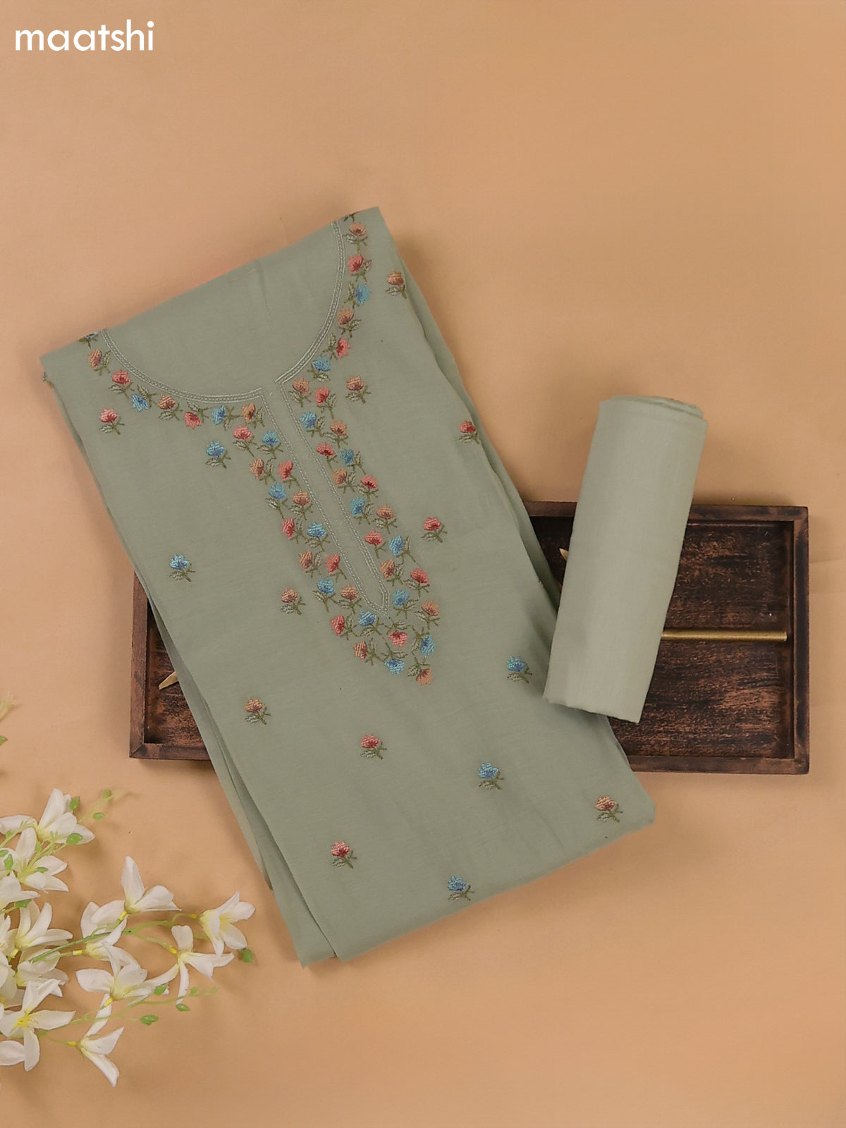 Pastel Green Mul Chanderi Dress Materials With Floral Embroidery Work