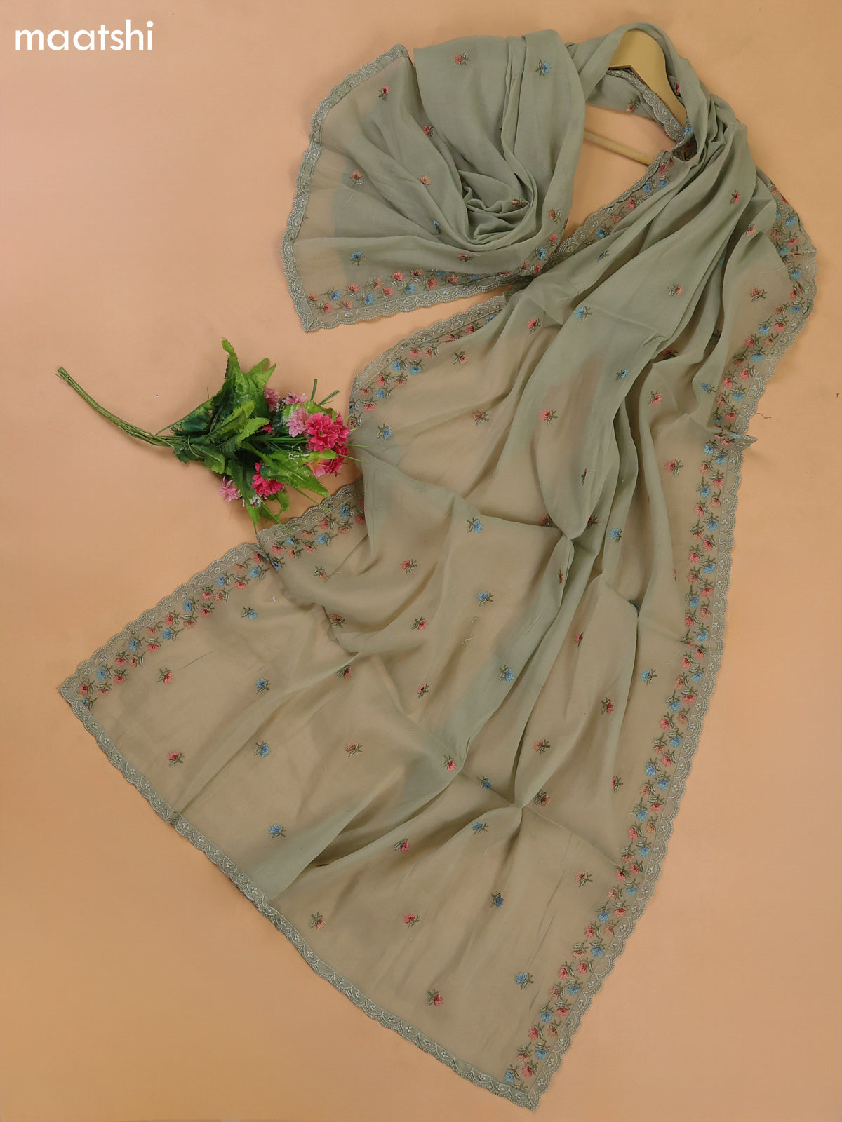 Pastel Green Mul Chanderi Dress Materials With Floral Embroidery Work