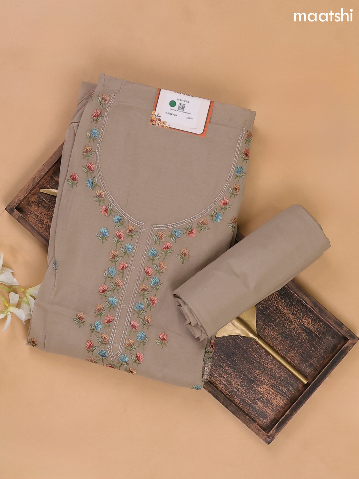 Pastel Brown Mul Chanderi Dress Materials With Floral Embroidery Work