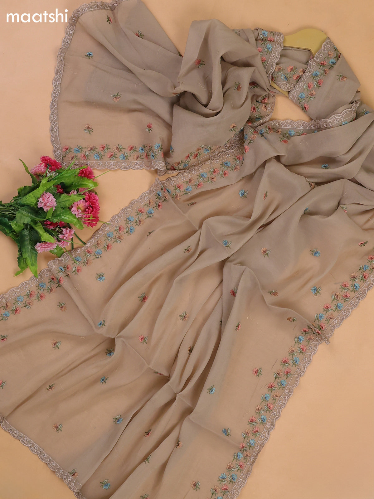 Pastel Brown Mul Chanderi Dress Materials With Floral Embroidery Work
