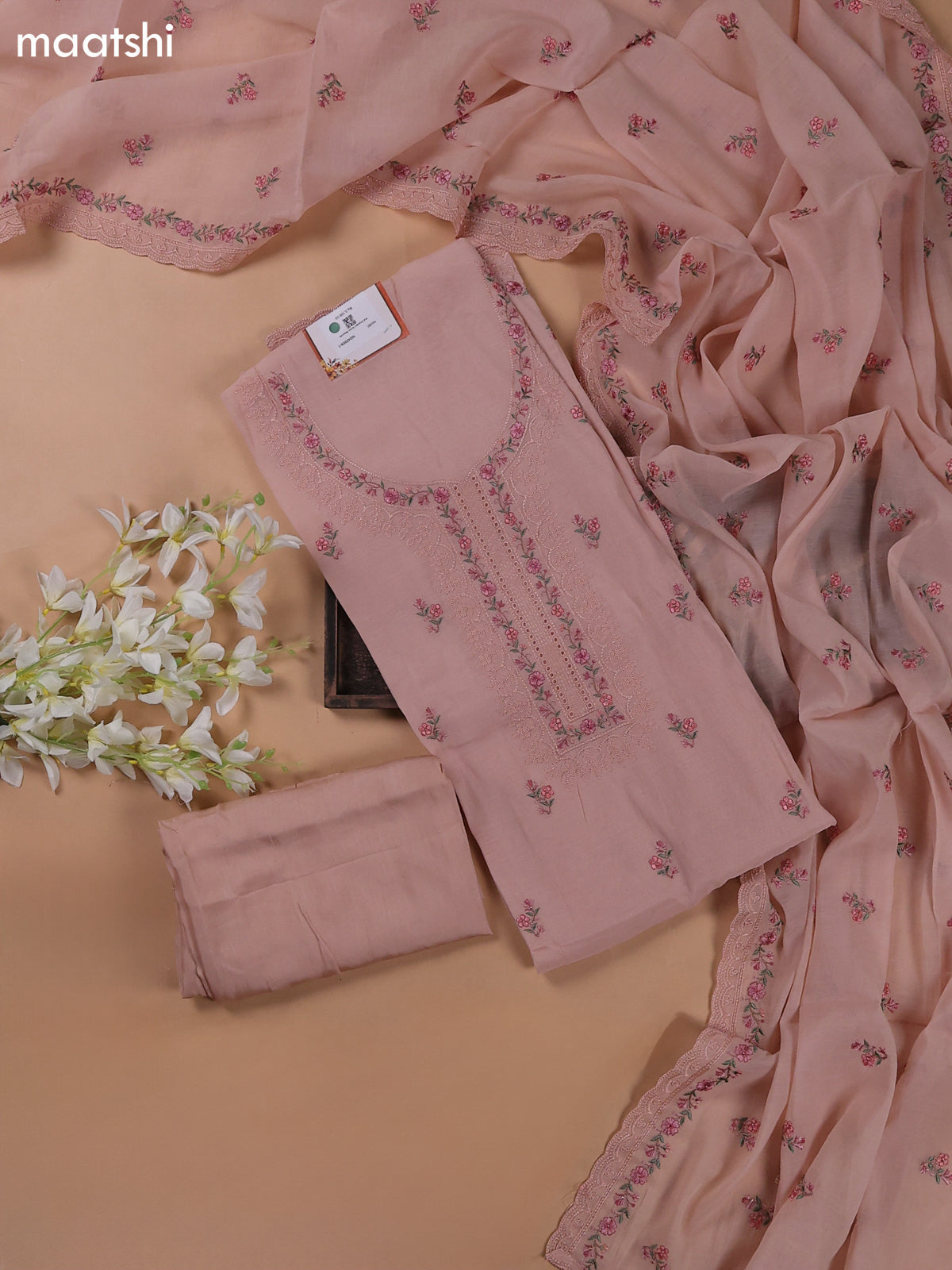 Mild Peach Mul Chanderi Dress Materials With Floral Embroidery Work