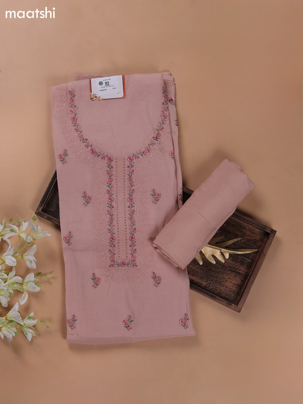 Mild Peach Mul Chanderi Dress Materials With Floral Embroidery Work