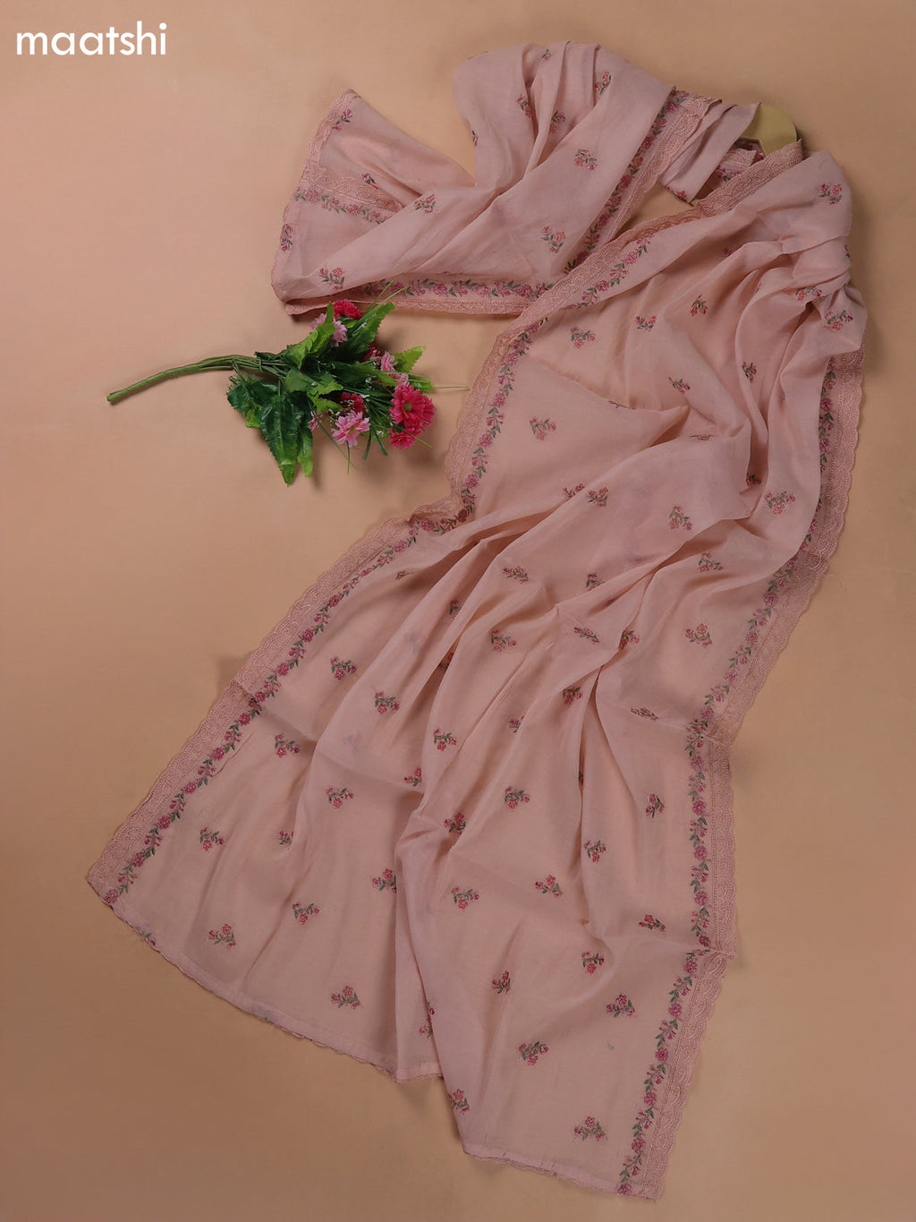 Mild Peach Mul Chanderi Dress Materials With Floral Embroidery Work