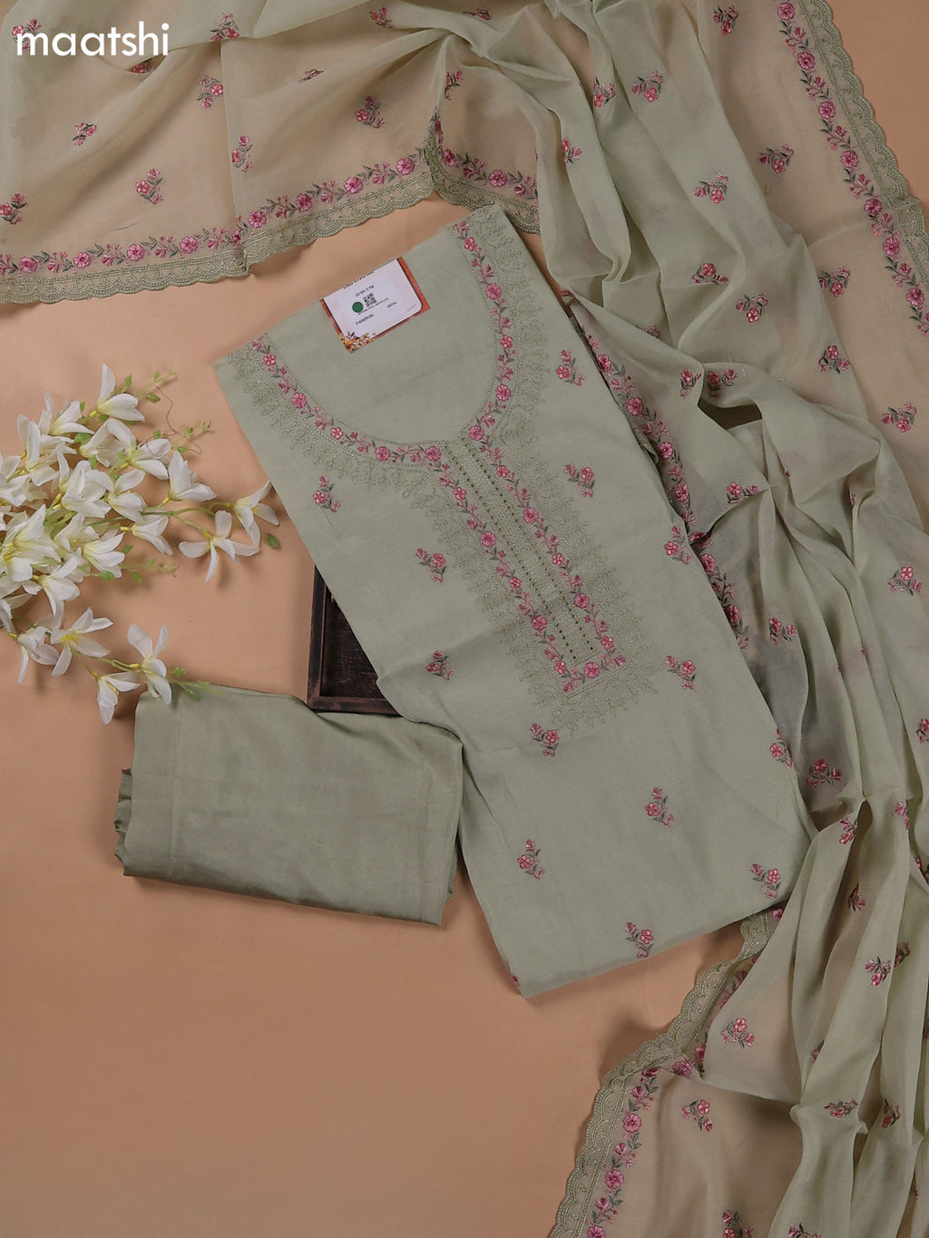 Mild Pista Green Mul Chanderi Dress Materials With Floral Embroidery Work