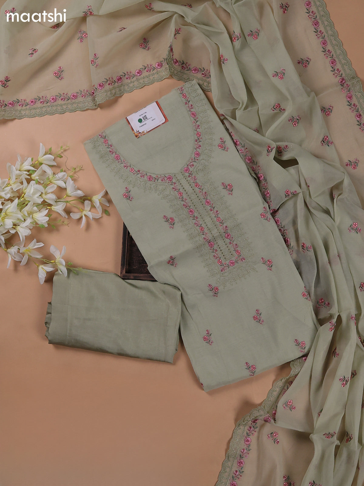 Mild Pista Green Mul Chanderi Dress Materials With Floral Embroidery Work